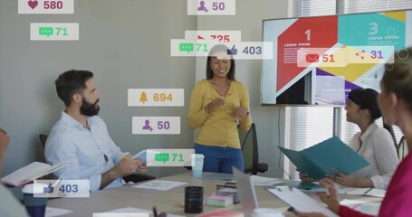 Discussing social media analytics, diverse team collaborating with animation overlay - Powered by Adobe