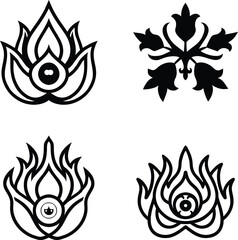 A collection of four stylized, black and white vector designs.