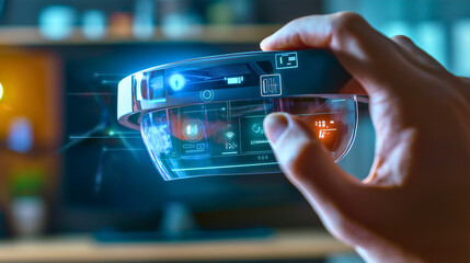 A person using a next-generation augmented reality (AR) smart glasses interface to control home devices