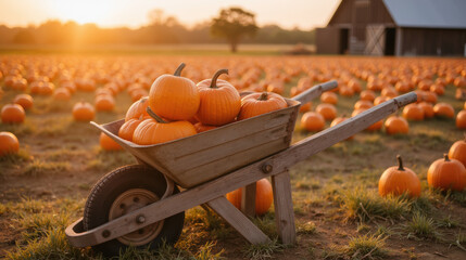 Harvest season brings vibrant pumpkins in wheelbarrow on farm. warm sunset casts golden glow over field