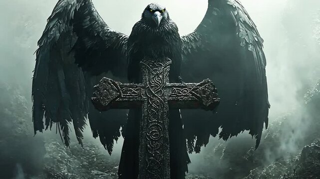 Mythical raven guarding ancient Celtic cross amidst misty mountains. Possible stock photo use