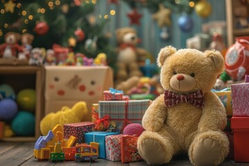 Cute teddy bear in a cozy Christmas setting surrounded by colorful gifts, toys, and festive decorations creating a warm holiday atmosphere