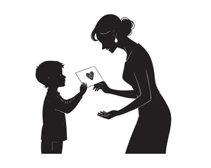 A minimalist vector of a son giving heart card to her mother, soft and emotional.