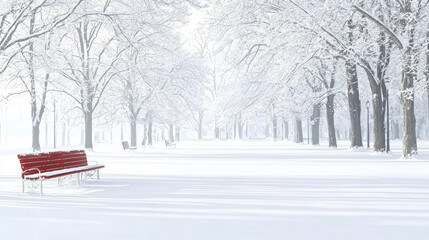 serene winter landscape featuring snow covered trees and red benches. peaceful scene evokes sense of calm and tranquility