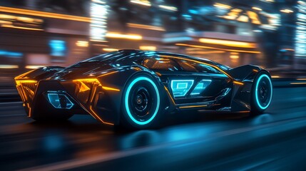 Futuristic car speeding on city street at night with blurred lights in the background