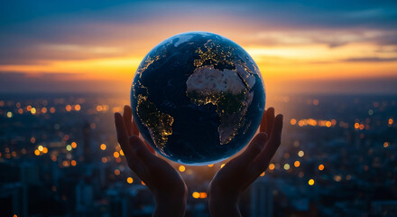 Global Responsibility Hands Holding Illuminated Earth at Sunset Over Cityscape