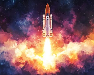 A dynamic watercolor depiction of a rocket launching