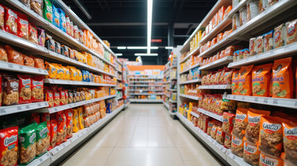 grocery store aisle filled with colorful snack packages and products, showcasing variety of brands and flavors