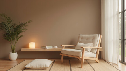 Cozy living room with wooden chair, soft pillow, and plant