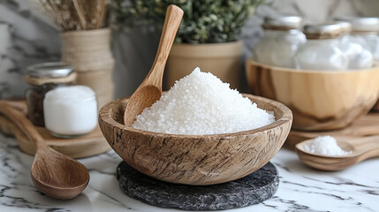 Fototapeta premium Close Up View of Grated Coconut in Wooden Bowl with Wooden Spoon on Marble Surface in Well Lit Kitchen