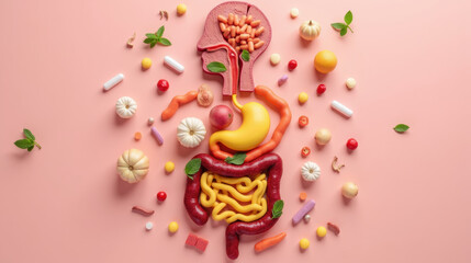 Obraz premium Colorful food items arranged to resemble human digestive organs, creating playful and artistic representation