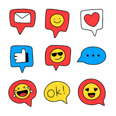 social media icons vector round yellow cartoon bubble emoticons comment social media chat comment reactions, icon template face tear, smile