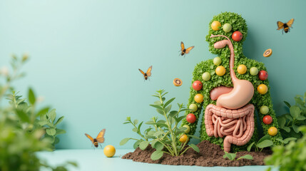 Fototapeta premium creative representation of human figure made from greenery and fruits, symbolizing health and digestion, surrounded by butterflies and plants