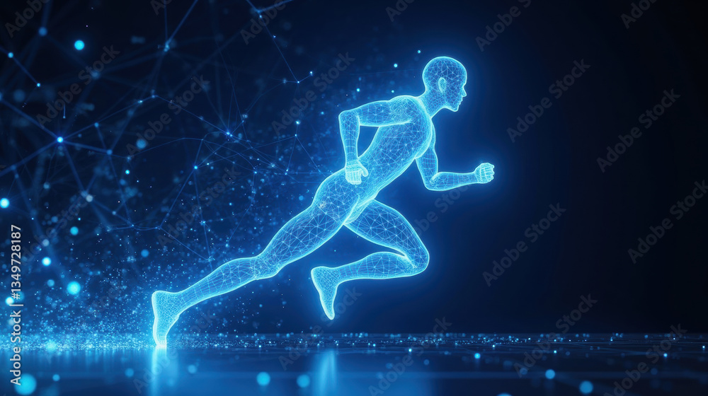 Poster glowing figure of runner digital environment, showcasing speed and motion. background features netwo