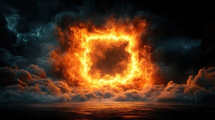 Fiery square frame in stormy clouds over water