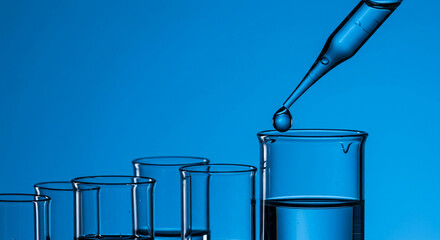Scientific Research Pipette Dispensing Liquid into Glass Beaker Blue Background