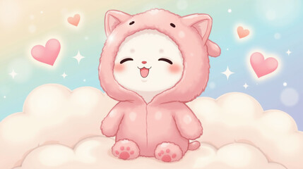 Cute character in pink onesie with cat ears, surrounded by hearts and sparkles