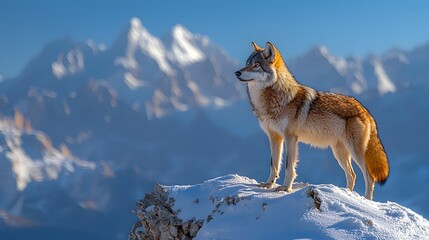 Fototapeta premium A lone wolf standing atop a snowy mountain ridge against a clear blue sky