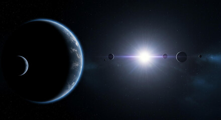 Stunning Celestial View Planet Moons and Bright Star in Deep Space