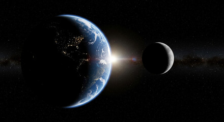 Stunning Earth and Crescent Moon in Space Night City Lights Sunrise Glow Cosmic Background