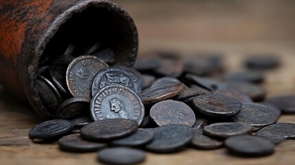 Ancient coins spill from a weathered container