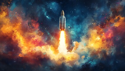 Fototapeta premium A mesmerizing watercolor illustration of a rocket lifting off