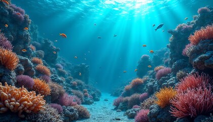 Naklejka premium Vibrant Coral Reef Underwater Scene with Fish