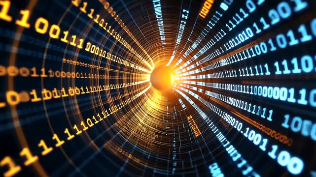 Abstract digital tunnel with glowing binary code and light, representing data flow