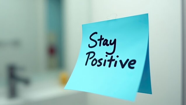 Stay positive text, blue sticky note on mirror, motivational handwritten quotes	