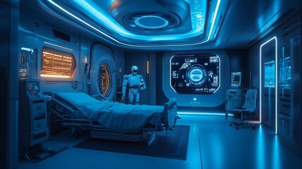 Fototapeta premium Futuristic hospital room with robot and patient bed. (1)