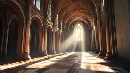 Ancient Cathedral Interior Sunlight Divine Light Beams Gothic Architecture Hallway Medieval Church Stone Columns Religious Spirituality Tranquil      