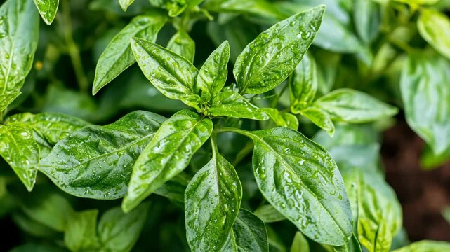 Bright green basil leaves in close-up showing fresh, aromatic texture, perfect for cooking and herbal use.
