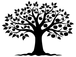 Fototapeta premium Black Silhouette of a Lush Apple Tree with Branches, Leaves, and Hanging Fruits in Nature