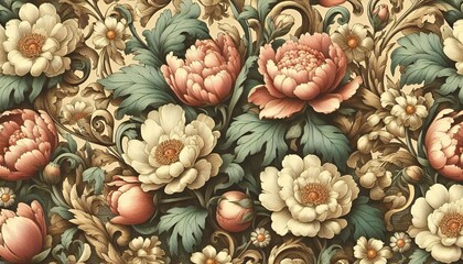Fototapeta premium Élégance d'époque, Motifs floraux de style vintage, avec des fleurs détaillées et des couleurs riches, Motif floral romantique et détaillé