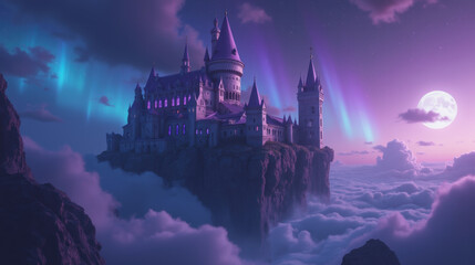 Fototapeta premium majestic castle sits atop floating island, surrounded by clouds and illuminated by colorful auroras. moon casts serene glow