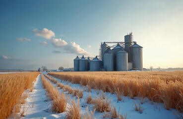 Obraz premium Winter landscape features agricultural silo in wheat field. Storage tanks processing plant in snowy rural setting. Agriculture, farming, food industry concepts. Blue sky, winter day, snowy landscape.