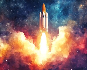 A stunning watercolor depiction of a rocket soaring into the sky