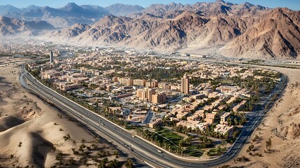 Obraz premium Aerial photograph of a desert city near large mountainous terrain