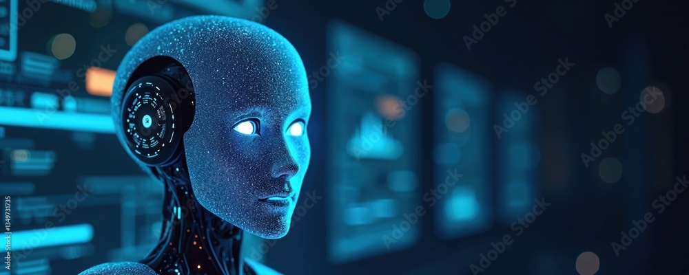 Aufkleber Futuristic AI robot with glowing eyes, surrounded by data screens. Artificial intelligence concept representing technology innovation, machine learning. Cybernetics, digital transformation, future of