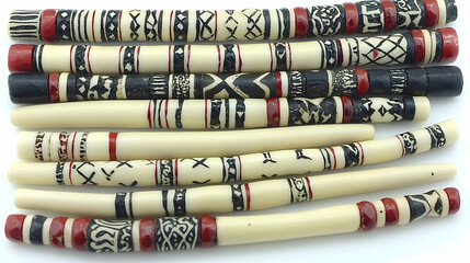 African tribal patterned beads, handcrafted jewelry, close-up studio shot, white background, craft supplies