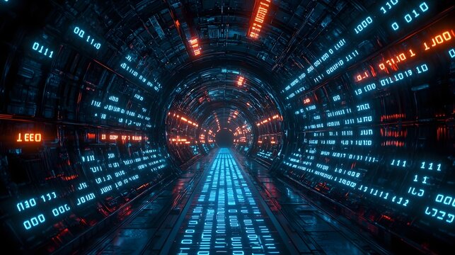 Mesmerizing Cinematic Animation of a Deep Virtual Data Tunnel with Glowing Binary Numbers and