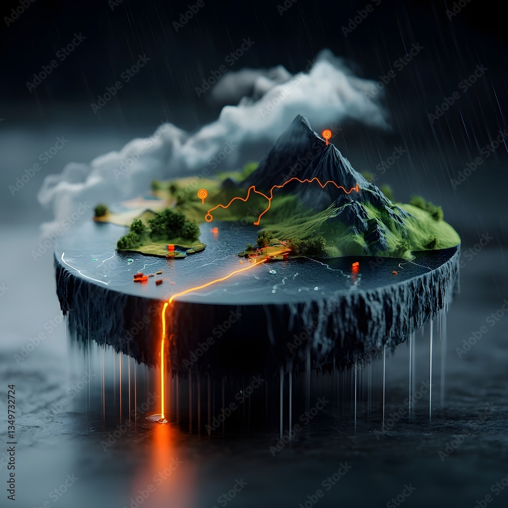 Poster mesmerizing rainfall pattern map with dynamic fluid topographic terrain and complex weather data vis