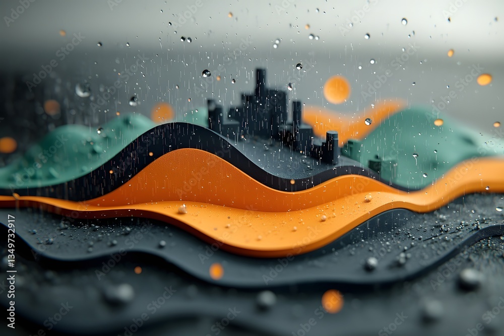 Poster mesmerizing retrofuturistic cityscape with undulating topographic terrain and dynamic rainfall digit