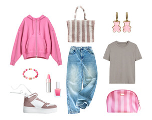 Fashion female clothes collection isolated on white.Women's clothing cutout.Pink hoodie and jeans,...
