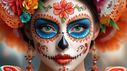 Young hispanic woman in traditional day of the dead makeup with colorful floral headdress. Cinco de Mayo, Battle of Puebla Day, Mexican Heritage Festival - Latin American Cultural Celebration