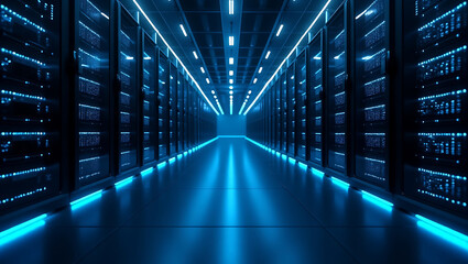 Futuristic Data Center: Infinite Rows of Servers with Glowing Blue LED Lights