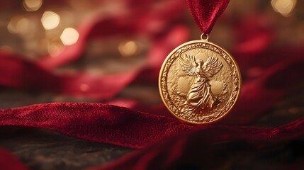 Prestigious golden medal ribbon with decorative red elements ideal for awards and honors