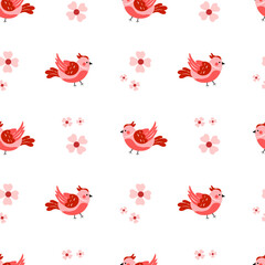 Seamless pattern with red birds and flowers on a white background
