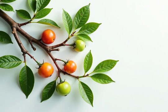 Branches with different levels of maturity on a pristine white surface, organic, contrast