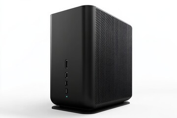 Obraz premium Modern Desktop Computer Tower with Sleek Black Design, USB Ports, and Minimalist Aesthetic for Professional and Home Office Use